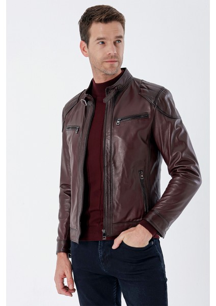 Bordo Gömlek Yaka Hakiki Deri Slim Fit Dar Kesim Casual Mont 1038235201
