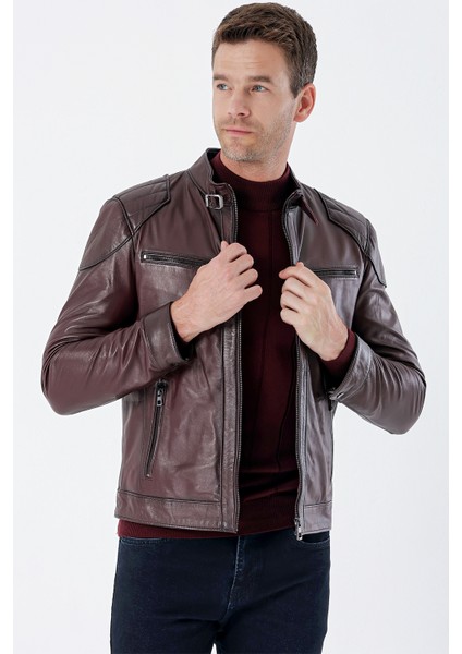 Bordo Gömlek Yaka Hakiki Deri Slim Fit Dar Kesim Casual Mont 1038235201