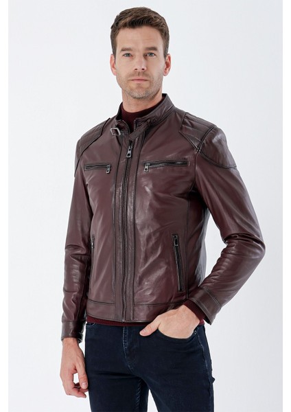 Bordo Gömlek Yaka Hakiki Deri Slim Fit Dar Kesim Casual Mont 1038235201