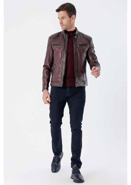 Bordo Gömlek Yaka Hakiki Deri Slim Fit Dar Kesim Casual Mont 1038235201