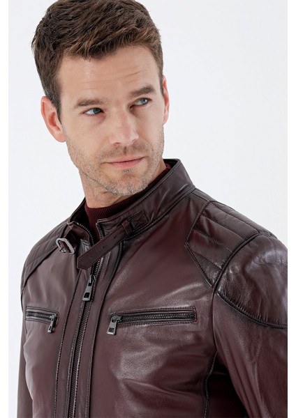 Bordo Gömlek Yaka Hakiki Deri Slim Fit Dar Kesim Casual Mont 1038235201