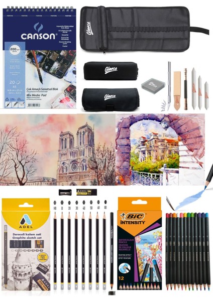Canson Defter A5 200 gr Adel Dereceli Kalem Seti 8'li Bic Aquarelle Kuru-Suluboya Kalemi 12 Renk