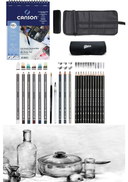 Canson Defter A5 200 gr Cretacolor 6'lı Aquarell Sulandırılabilir Fırçalı Rulo Kalemlik Eskiz