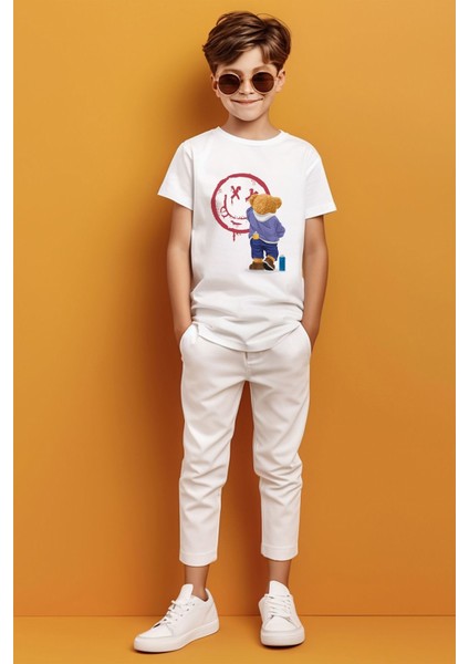 Graffiti Yapan Ayıcık Baskılı Erkek Çocuk T-Shirt