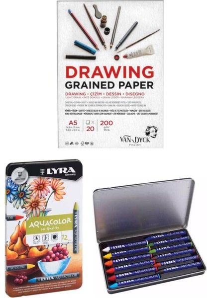 Van Dyck Çizim Defteri A5 200 gr 20 Yaprak Lyra Aquacolor Pastel Boya 12 Renk