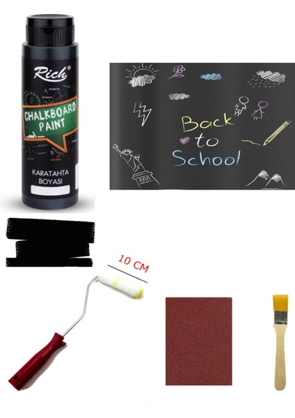 Rich Chalkboard Kara Tahta Boyası 500 cc Siyah Rulo Zımpara Fırça Set