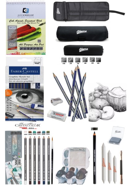 Alex Schoeller 200GR A5 20 Yaprak Cretacolor 6'lı Aquarell Sulandırılabilir Dereceli Eskiz Set