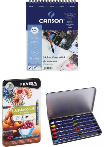 Canson Mix Media Pad Çok Amaçlı Resim Defteri A5 200 gr 20 Sayfa Lyra Aquacolor Pastel Boya 12 Renk