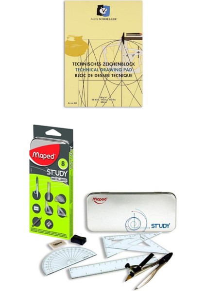 Alex Schoeller Teknik Çizim Blok A4 80 gr Dikişli 20 Yaprak Maped Pergel Nikel Pergel Takım Seti