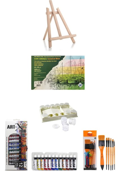 Art-X 12 ml 12 'li Akrilik Set-Orta Boy Şövale-Art Liva-Zemin Fırçan:8-5 Parça Sanat Seti