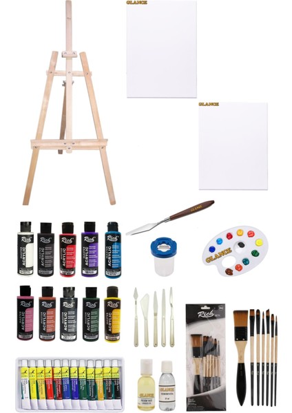 Rich 120 cc Akrilik Boya +Fanart 12X12 ml Yağlı Boya SETI+50X70+35X50 Tuval Ikili Şövale Seti