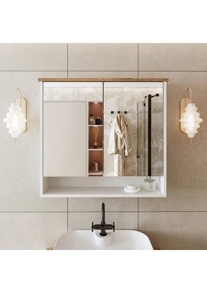 Banos Banyo Kulpsuz 2 Kapaklı Mat Beyaz Mdf 82 cm Aynalı Banyo Üst Dolabı