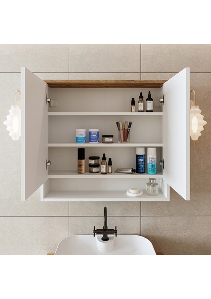 Banos Banyo Kulpsuz 2 Kapaklı Mat Beyaz Mdf 82 cm Aynalı Banyo Üst Dolabı