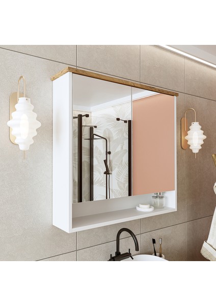 Banos Banyo Kulpsuz 2 Kapaklı Mat Beyaz Mdf 82 cm Aynalı Banyo Üst Dolabı