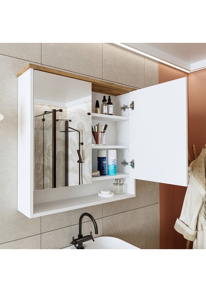 Banos Banyo Kulpsuz 2 Kapaklı Mat Beyaz Mdf 82 cm Aynalı Banyo Üst Dolabı