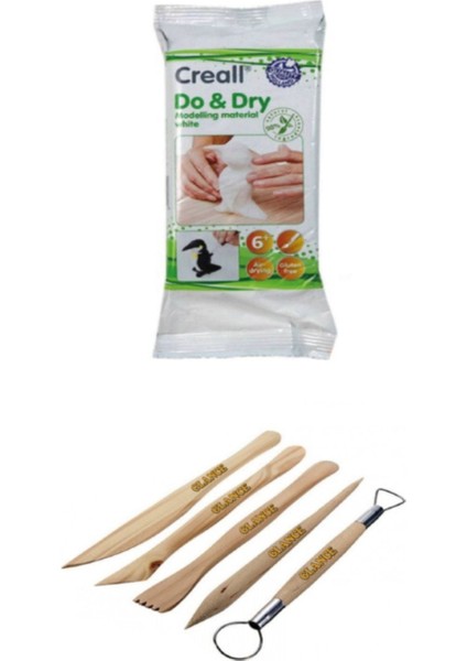 Seramik Kil Beyaz 500 gr + Modelaj Kalemi Ebeşuar 5 Li Ahşap Set