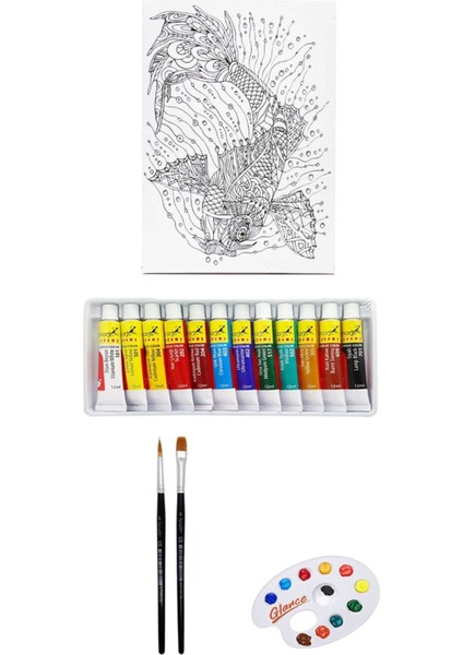 Artdeco Desenli Tuval 30X40 Deniz Altı Balığı Fanart Academy Akrilik Boya Seti 12 Renk x 12ML