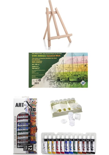 Art-X 12 ml 12 'li Akrilik Set-Orta Boy Şövale-Art Liva Resim Defteri-4 Parça Sanat Seti