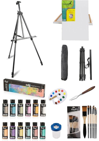 Mastermix Akrilik Boya 12'li Pastel Renkler 60 CC-50X70 Tuval-Portatif Metal Şövale Seti