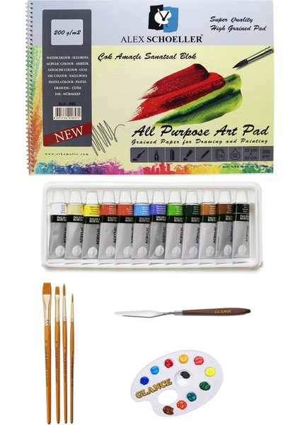 Alex Schoeller Çok Amaçlı Sanatsal Blok 200GR 25X35CM Daler Rowney Simply Akrilik Boya Seti 12X12 ml