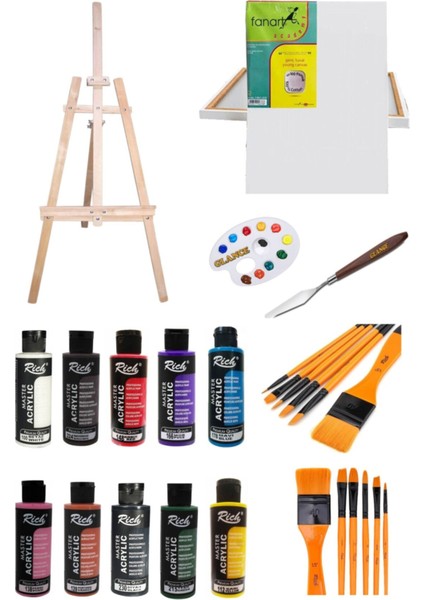 Rich 120 cc Akrilik Boya - 50X70 Tuval -Metal Spatulalı Şövale Seti