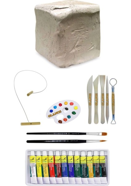 Beyaz Seramik Hamuru 6 kg Kil - Fanart Academy Akrilik Boya 12 Renk x 12 ml