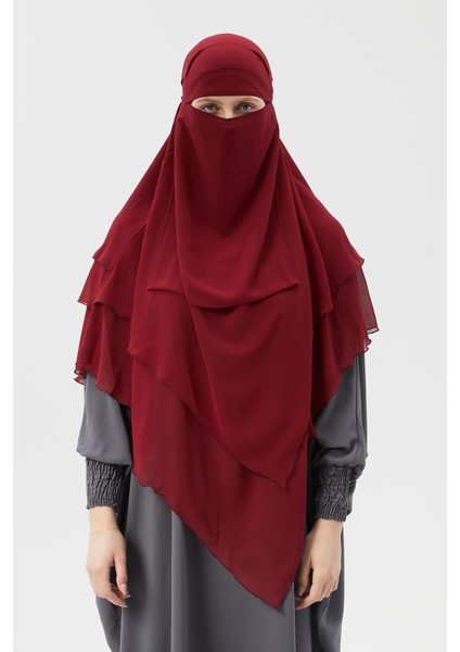 Hazır Pratik Şifon Üç Katlı Peçeli Üçgen Hac Umre Şalı Sufle Hijab Nikap - Bordo
