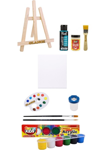 Ahşap Şövale Turkuaz Renge Boyama ve 25X35 Tuval Funny Kids 6renk X15 ml Akrilik Boya Başlangıç Seti