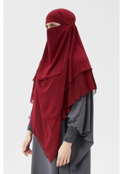 Hazır Pratik Şifon Üç Katlı Peçeli Üçgen Hac Umre Şalı Sufle Hijab Nikap - Bordo