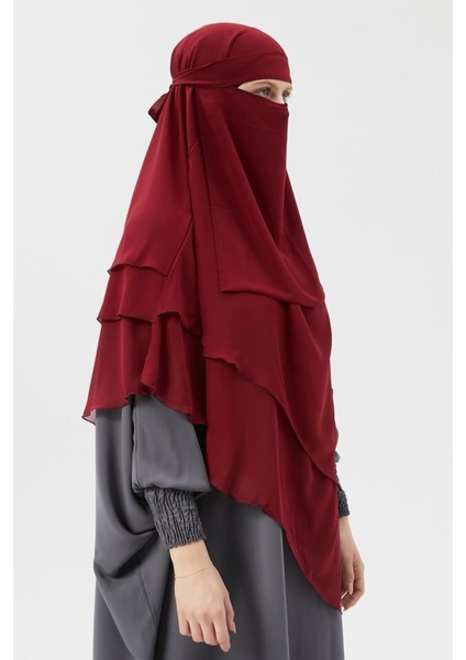 Hazır Pratik Şifon Üç Katlı Peçeli Üçgen Hac Umre Şalı Sufle Hijab Nikap - Bordo