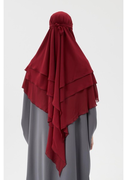 Hazır Pratik Şifon Üç Katlı Peçeli Üçgen Hac Umre Şalı Sufle Hijab Nikap - Bordo