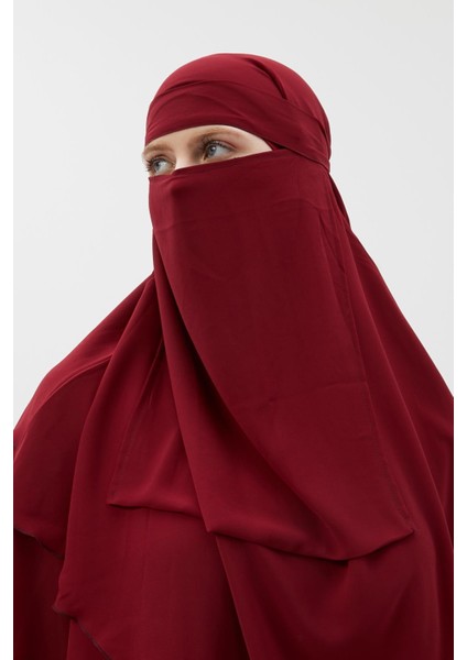 Hazır Pratik Şifon Üç Katlı Peçeli Üçgen Hac Umre Şalı Sufle Hijab Nikap - Bordo