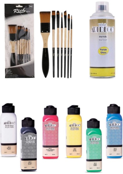 Artdeco 6X140 ml Akrilik Boya + Rich 7'li Karma Fırça Seti + Artdeco 400 ml Parlak Sprey