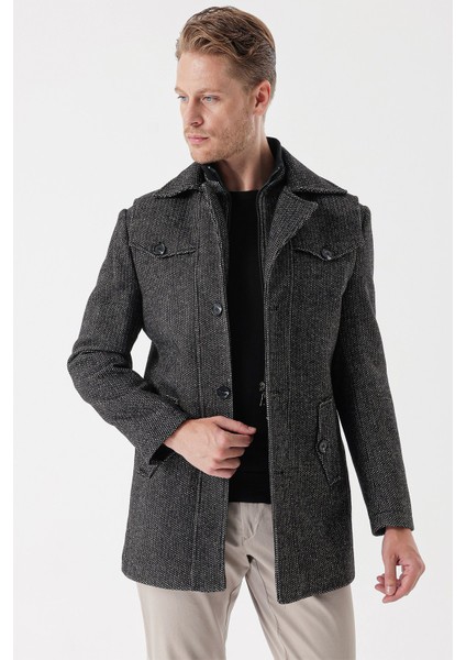 Koyu Antrasit Kaşe Bebe Yaka Desenli Astarlı Slim Fit Dar Kesim Klasik Kaban 1008235156