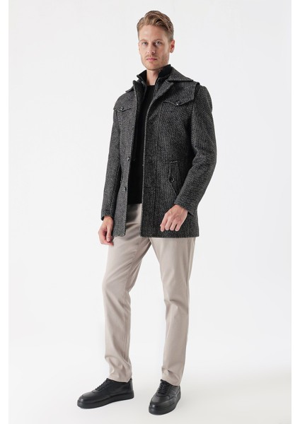 Koyu Antrasit Kaşe Bebe Yaka Desenli Astarlı Slim Fit Dar Kesim Klasik Kaban 1008235156