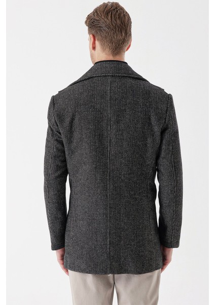 Koyu Antrasit Kaşe Bebe Yaka Desenli Astarlı Slim Fit Dar Kesim Klasik Kaban 1008235156