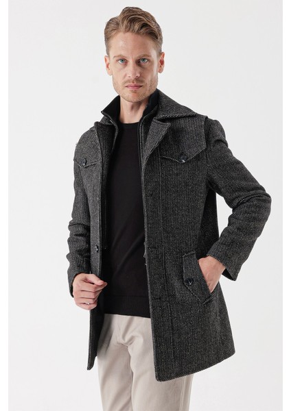 Koyu Antrasit Kaşe Bebe Yaka Desenli Astarlı Slim Fit Dar Kesim Klasik Kaban 1008235156