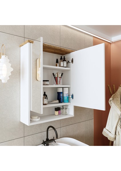 Banos Banyo Kulpsuz 2 Kapaklı Mat Beyaz Mdf 62 cm Aynalı Banyo Üst Dolabı