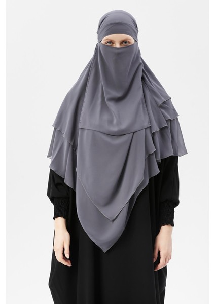 Hazır Pratik Şifon Üç Katlı Peçeli Üçgen Hac Umre Şalı Sufle Hijab Nikap - Füme
