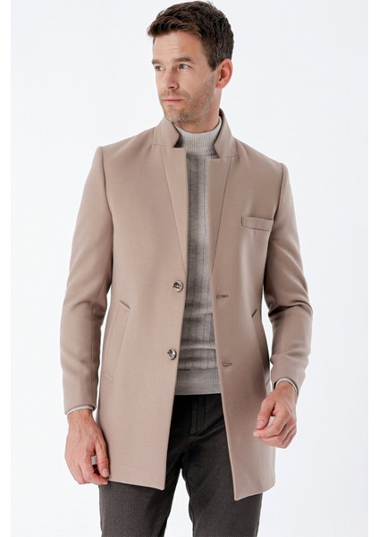 Taş Rengi Kaşe Mono Yaka Kapitoneli Astar Slim Fit Dar Kesim Klasik Kaban 1008235171