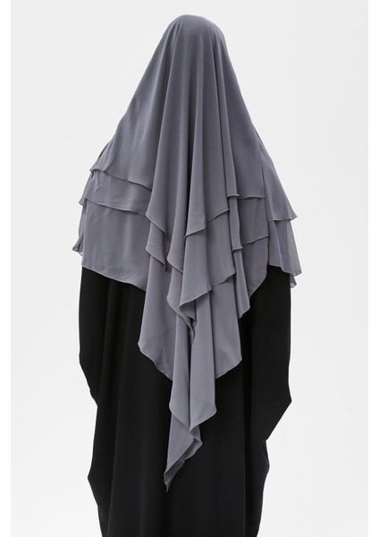 Hazır Pratik Şifon Üç Katlı Peçeli Üçgen Hac Umre Şalı Sufle Hijab Nikap - Füme