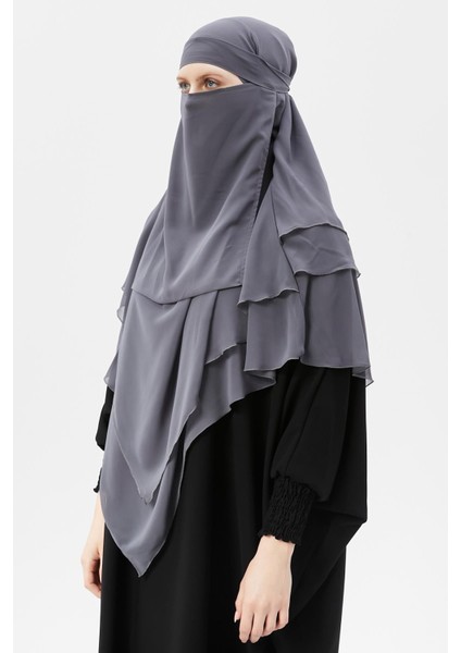 Hazır Pratik Şifon Üç Katlı Peçeli Üçgen Hac Umre Şalı Sufle Hijab Nikap - Füme