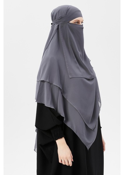 Hazır Pratik Şifon Üç Katlı Peçeli Üçgen Hac Umre Şalı Sufle Hijab Nikap - Füme