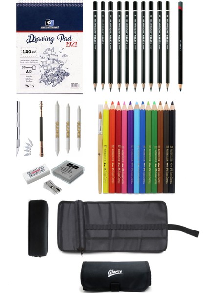Alex Schoeller A5 Eskiz Defterli 50 Yp Faber-Castell Grip Boya Kalemi Çantalı Çizim Eskiz Seti