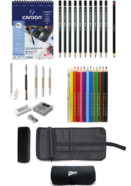 Canson Resim Defteri A5 200 gr Faber-Castell Grip Boya Kalemi Çantalı Çizim Eskiz Seti