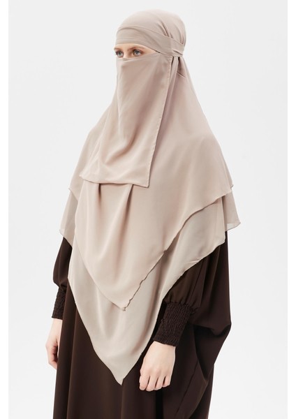 Hazır Pratik Şifon Üç Katlı Peçeli Üçgen Hac Umre Şalı Sufle Hijab Nikap - Kum Beji modelleri