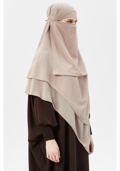 Hazır Pratik Şifon Üç Katlı Peçeli Üçgen Hac Umre Şalı Sufle Hijab Nikap - Kum Beji fırsatları
