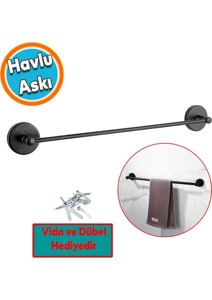 Vidalı Askılık Havluluk Sağlam Askı Metal Siyah Bez Havlu Asma Askısı Aparatı 42 cm Banyo Lavabo