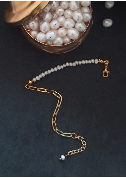 24K Altın Kaplama Kum Inci(4mm) Kare Zincir Detaylı Bileklik fiyatları