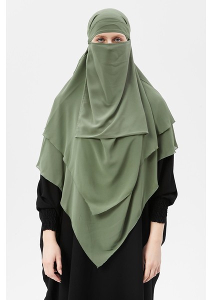 Hazır Pratik Şifon Üç Katlı Peçeli Üçgen Hac Umre Şalı Sufle Hijab Nikap - Fıstık Yeşili